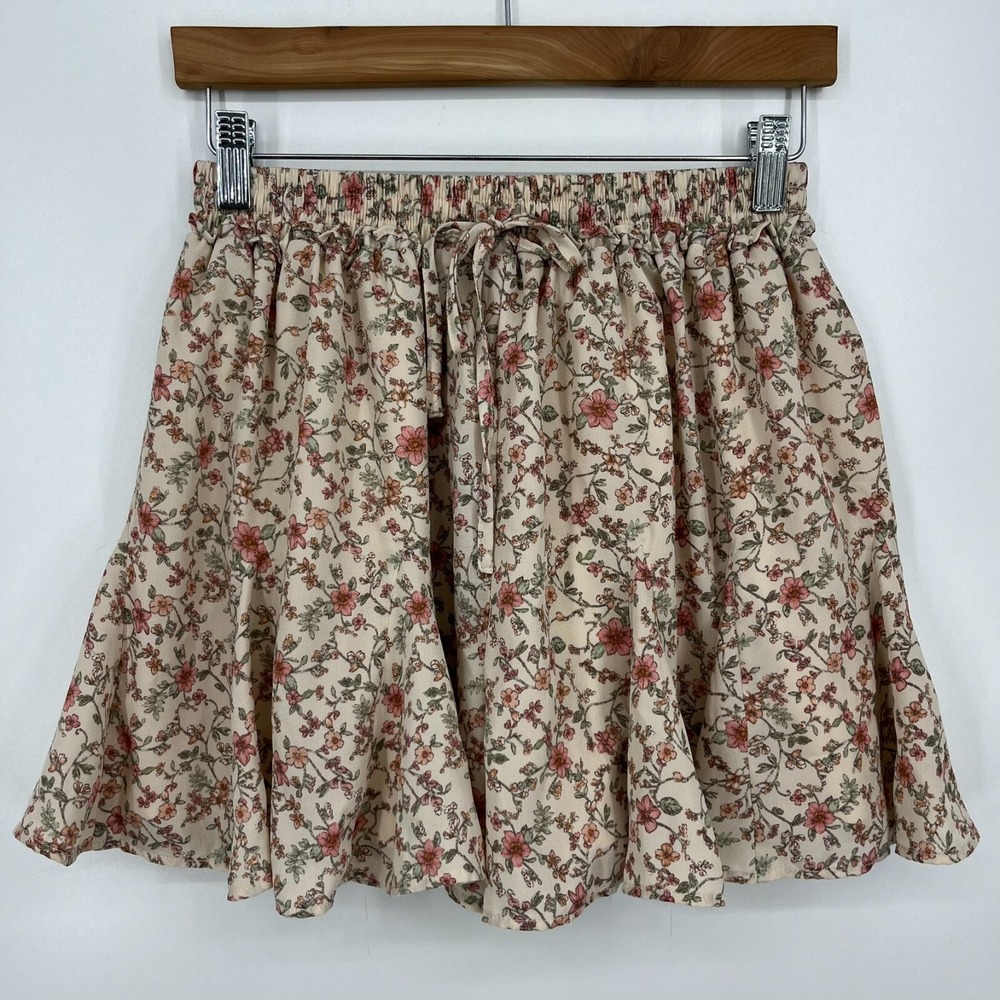Paper Crane Floral Mini Skirt Cream Pink Green Elastic Waist C51511AT Womens M